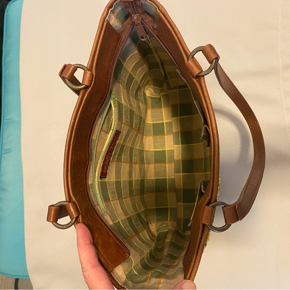 LIKE NEW Isabella Fiore Artistic Rare Design Brown and Yellow Beaded Tote - Picture 5 of 10